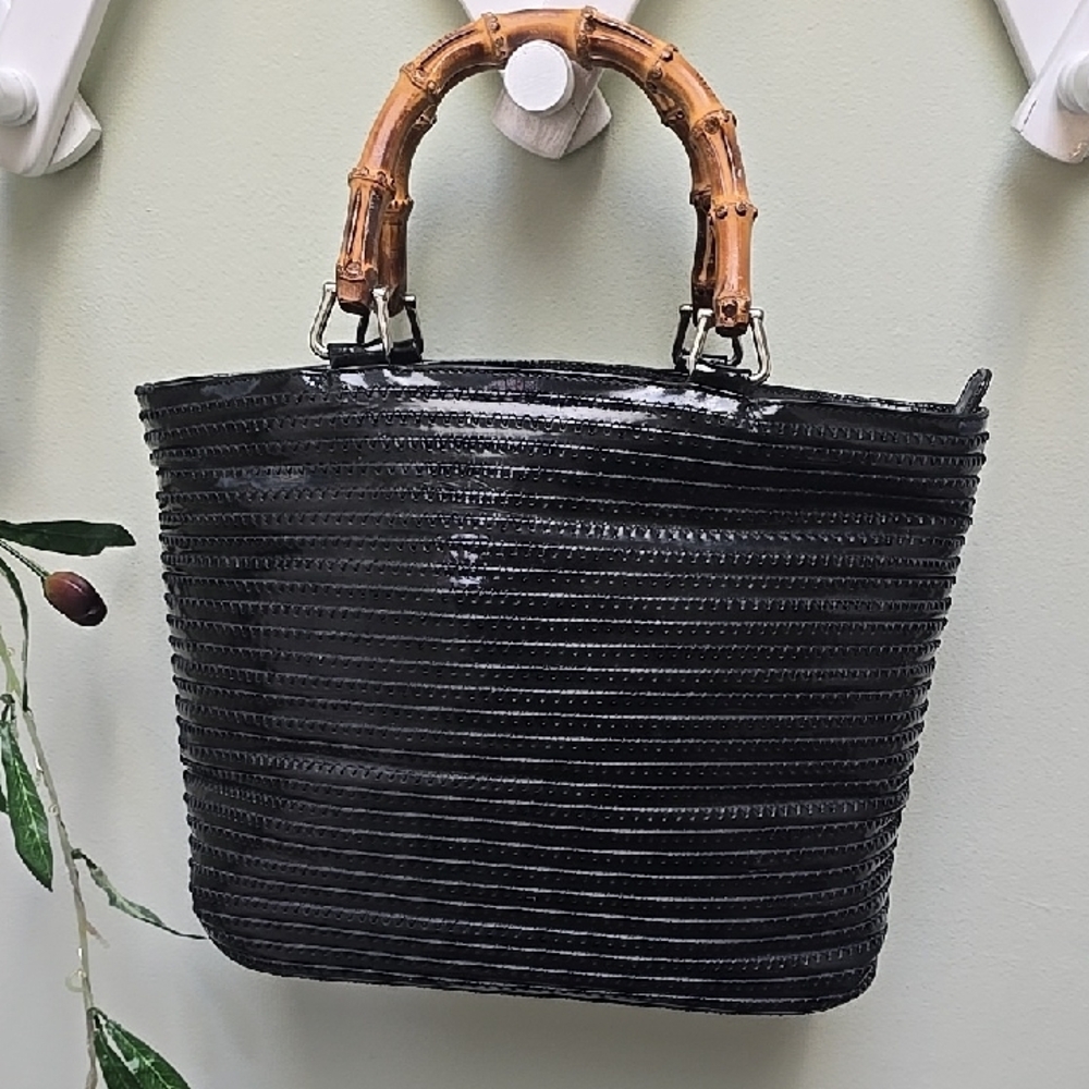 Rare Ribbed Patten Leather GUCCI Tote with Bamboo Top Handle